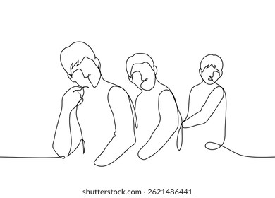 men sitting in a row turned and looking behind their backs - one line art vector. attracting a male audience. Handmade vector not AI