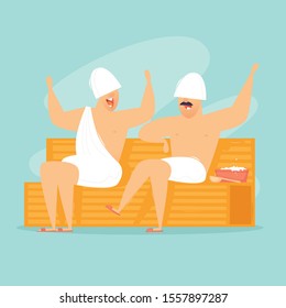 Men are sitting in a sauna. Flat design vector illustration.