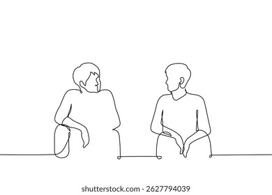 men sitting side by side and looking at each other - one line art vector. man sitting relaxed and other with straight back, they talking. Handmade vector not AI
