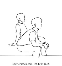 men sitting side by side in profile looking in one direction - one line art vector. concept male friends, brothers, silence together, quiet, quarrel. Handmade vector not AI