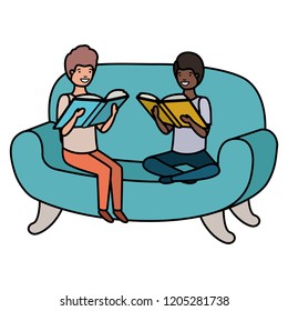 men sitting in sofa with book avatar character
