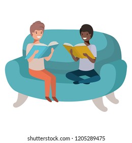 men sitting in sofa with book avatar character