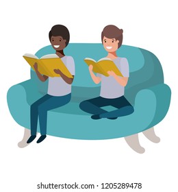 men sitting in sofa with book avatar character