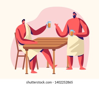 Men Sitting in Steam Room Drinking Bear. Sauna and Spa Water Procedures. Relaxation, Body Care Therapy, Wooden Bath, Wellness, Hygiene, Weekend Leisure, Sparetime. Cartoon Flat Vector Illustration