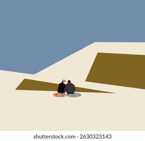 Men sitting and talking on skateboard at ramp skate park. Trendy outdoor extreme sport and Lifestyle.