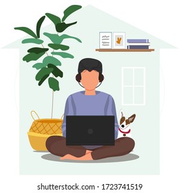 Men sitting and working online at home with dog. Social distancing and self-isolation during coronavirus quarantine. Self-quarantine concept. Person working on laptop. Vector stock illustration