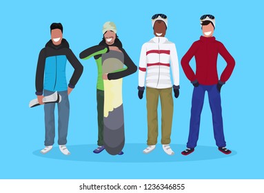 men skier snowboarder holding equipment happy guys wearing winter clothes vacation activity concept male cartoon character full length flat horizontal