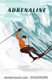 Men skier vintage poster design. Winter skiing in the mountain vintage poster illustration. Winter skiing travel poster