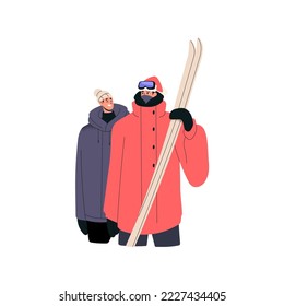 Hombres esquiadores con esquís. Amigos hombres con equipamiento deportivo para divertirse en las vacaciones de invierno, entretenimiento activo. Jóvenes en gafas de vacaciones. Ilustración vectorial plana aislada en fondo blanco