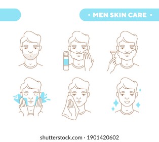 Concepto de cuidado de la piel masculino. Carácter masculino afeitando barba y cuidando su piel facial. Atrapar con afeitar, aplicar espuma de afeitar y loción. Conjunto de ilustraciones de vector de contorno