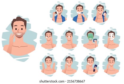 Men skin care steps in flat vector illustration isolated on white background. Use of cosmetics, shaving, beauty treatments, home spa. Applying hydrating face mask, pathes, locion, cream