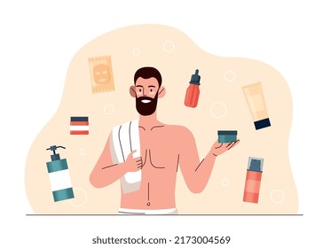 Men skincare concept. Guy in bathroom with towel and cosmetics takes care of himself. Beauty, youth and hygiene. Daily procedures, routine. Face mask against wrinkles. Cartoon flat vector illustration