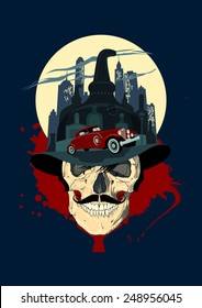 Men skull against night city, bootlegger mafia design.