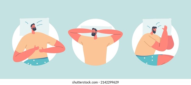 Men Sleep or Relaxing in Different Sleeping Pose Isolated Round Icons or Avatars. Male Character Lying in Bed Top View with Pillow, Nap Recreation Graphic Design Elements. Cartoon Vector Illustration