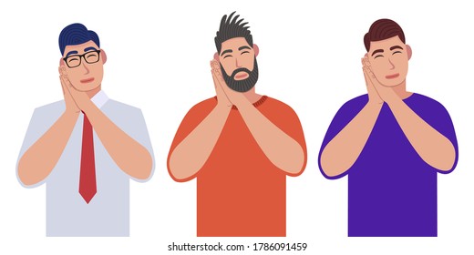 Men sleeping tired dreaming and posing with hands together while smiling with closed eyes. Character set. Vector illustration in cartoon style.