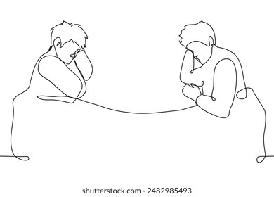 men sleeping under one blanket far apart - one line art vector. concept of male friends sleeping together, gay couple in a quarrel, bedding and sleep. Handmade vector not AI