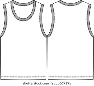 Men sleeveless tank top fitted body with contrast rib neck band and contrast sleeve band, sketch front and back