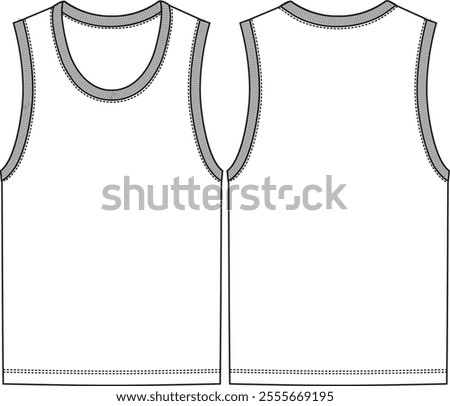 Men sleeveless tank top fitted body with contrast rib neck band and contrast sleeve band, sketch front and back