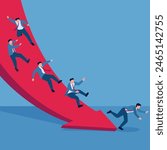 The men slide down through an arrow that slopes to the ground due to layoffs, an illustration for mass layoffs.