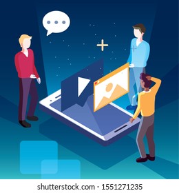 men with smartphone screen and mobile applications vector illustration design