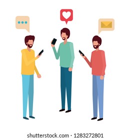 men with smartphone and speech bubble character