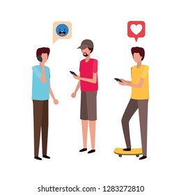 men with smartphone and speech bubble character