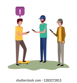 men with smartphone and speech bubble character
