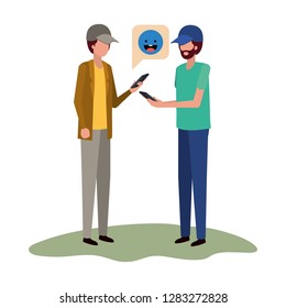 men with smartphone and speech bubble character