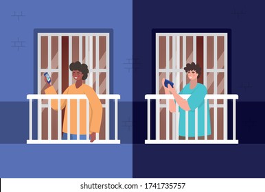 Men with smartphone at window of blue building design, Architecture and quarantine theme Vector illustration