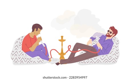 Men smoking hookah flat style, vector illustration isolated on white background. Bad habit, lying relaxing characters, addiction, design element. Leisure and rest