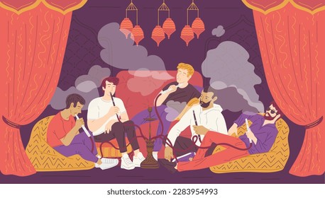 Men smoking hookah sitting on puffs flat style, vector illustration. Eastern culture, bad habit, relax and rest, scene. Group of friends, leisure, decorative