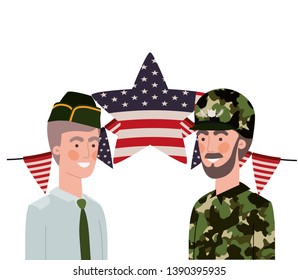 men soldiers of war with flag of united states background