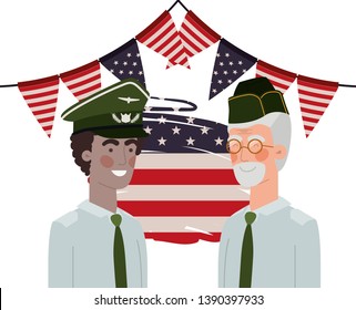 men soldiers of war with flag of united states background