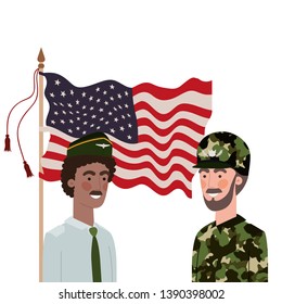 men soldiers of war with flag of united states background