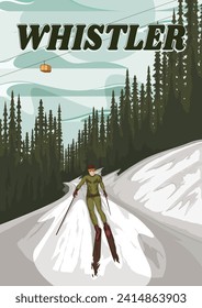 A men solo skiing in whistler mountain illustration. Snowboarding on whistler mountain Canada. Ski resort in the mountain poster design