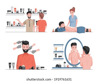 Hombres ilustraciones planas vectoriales de spa. Felices personajes masculinos sonrientes afeitándose, limpiando o humedeciendo la cara, disfrutando de masajes corporales, hombres eligiendo cosméticos naturales, cortando el pelo y la barba.