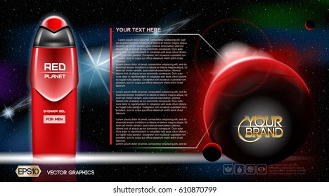 Men Space gel or Lotion cosmetic ads template. Refreshing skin toner. Cosmic background. Mock up 3D Realistic illustration