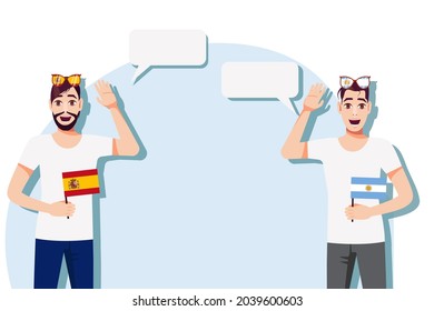 Men with Spanish and Argentine flags. The concept of international communication, education, sports, travel, business. Dialogue between Spain and Argentina. Vector illustration.