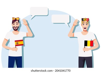 Men with Spanish and Belgian flags. Background for text. Communication between native speakers of Spain and Belgium. Vector illustration.