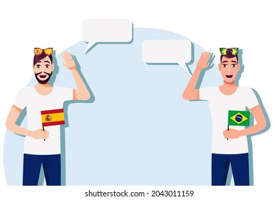 Men with Spanish and Brazilian flags. Background for the text. Communication between native speakers of the language. Vector illustration.
