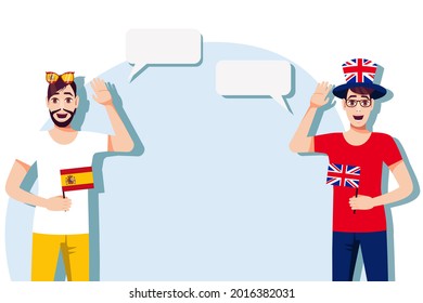 Men with Spanish and British flags. Background for the text. Communication between native speakers of the language. Vector illustration.