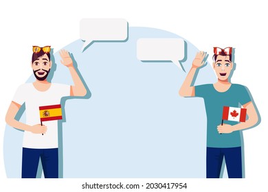 Men with Spanish and Canadian flags. The concept of international communication, education, sports, travel, business. Dialogue between Spain and Canada. Vector illustration.