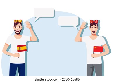 Men with Spanish and Chinese flags. Background for text. Communication between native speakers of Spain and China. Vector illustration. 