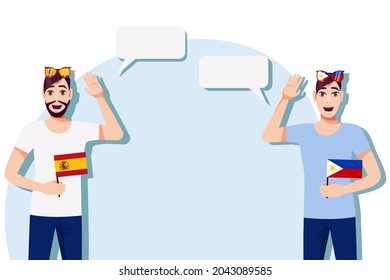 Men with Spanish and Philippine flags. Background for text. Communication between native speakers of Spain and the Philippines. Vector illustration.