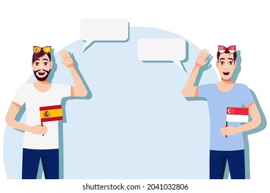 Men with Spanish and Singapore flags. Background for text. Communication between native speakers of Spain and Singapore. Vector illustration.