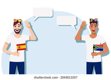 Men with Spanish and South African flags. The concept of international communication, education, sports, travel, business. Dialogue between Spain and South Africa. Vector illustration.