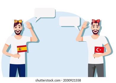 Men with Spanish and Turkish flags. Background for the text. The concept of sports, political, education, travel and business relations between Spain and Turkey. Vector illustration.
