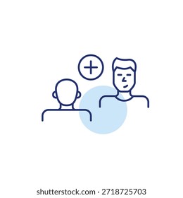 Men speaking at interview or date and plus symbol. Chat add, new contact. Pixel perfect, editable stroke vector icon