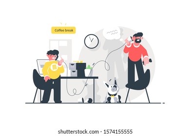 Men speaking on simple phone vector illustration. Colleagues communicating via old telephone and having fun during coffee break in office flat style concept