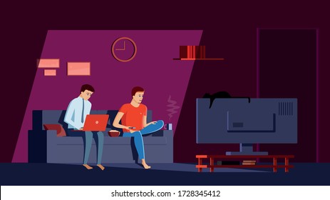 Men spend time at home on isolation. A man sits in his apartment on sofa with legs crossed, surprised expression on his face, watching news on TV. Businessman working on a laptop in a work suit.